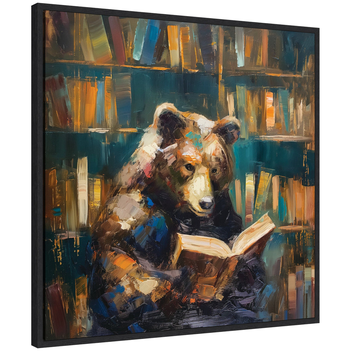 Sylvie Traditional Bear Reading in Library Framed Canvas by The Creative Bunch Studio