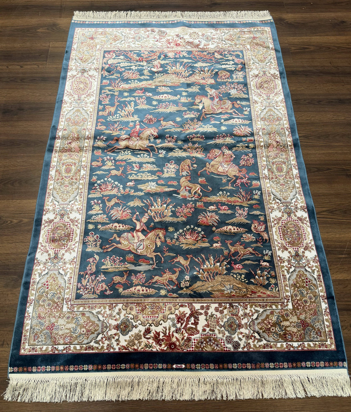 Turkish Silk Hunting Design Rug 4x6, Dark Steel Blue & Ivory, Bamboo Silk, New - Jewel Rugs, view 2