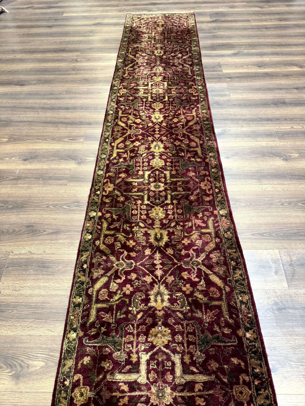 Indo Persian Runner Rug 2.7 x 13.8, Maroon, Wool, Handmade Indian Rug for Hallway - Jewel Rugs, view 9