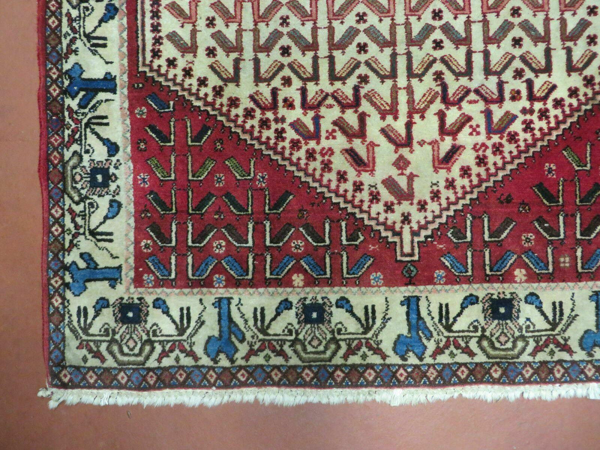 3' X 5' Vintage Handmade India Geometric Oriental Wool Rug Nice Birds Ivory Red - Jewel Rugs, view 9