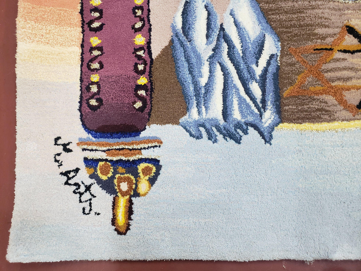Vintage Judaica Pictorial Rug 3x5, Wool Hand-Tufted Israeli Signed Rug, Jerusalem Rug, Star of David Torah Scroll Verses, Chanuka Gift - Jewel Rugs, view 7