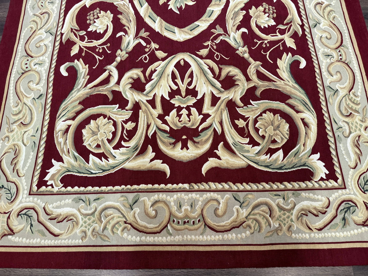 Burgundy Aubusson Rug 6x9, Vintage Wool Carpet - Jewel Rugs, view 6