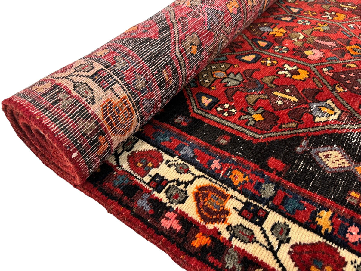 Vintage Persian Hamadan Medallion Runner 4x10 | Red, Navy & Ivory | Hand-Knotted Wool - Rugistan, view 8