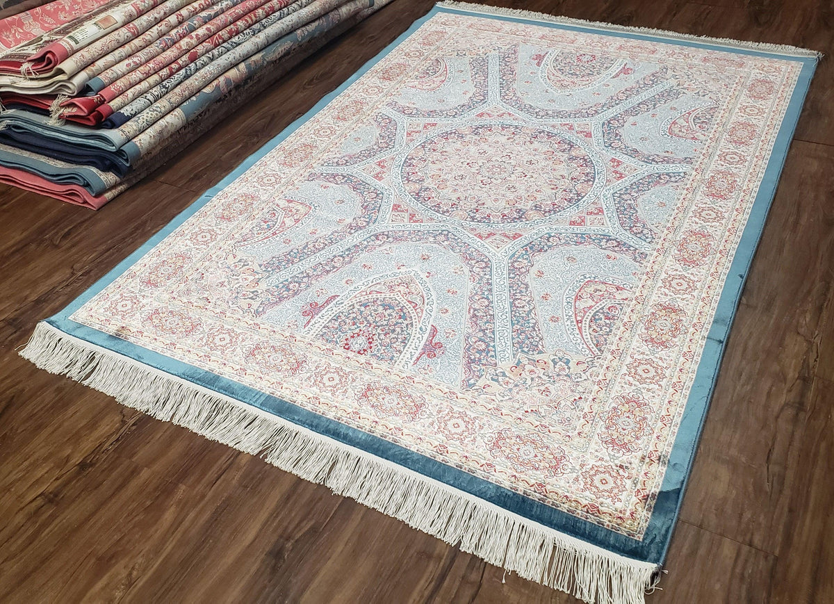 4x6 Silk Carpet, Light Blue & Beige Oriental Rug 4 x 6ft, Traditional Design Medallion All Over, Bamboo Silk, Super Fine, High Quality, Soft - Jewel Rugs, view 2