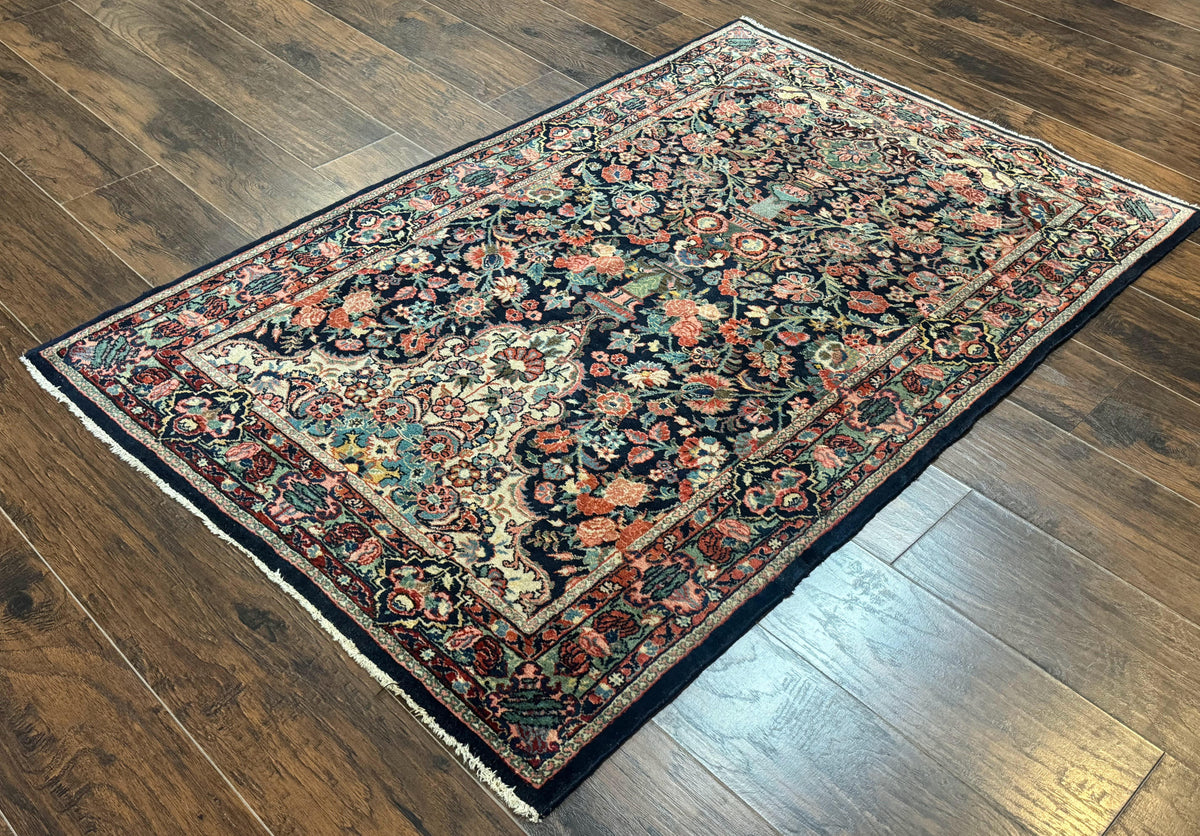 Antique Persian Rug 4x5, Navy Blue 1920s Carpet, Wool, Rare, Fine, Persian Hamadan Bidjar Carpet - Jewel Rugs, view 3