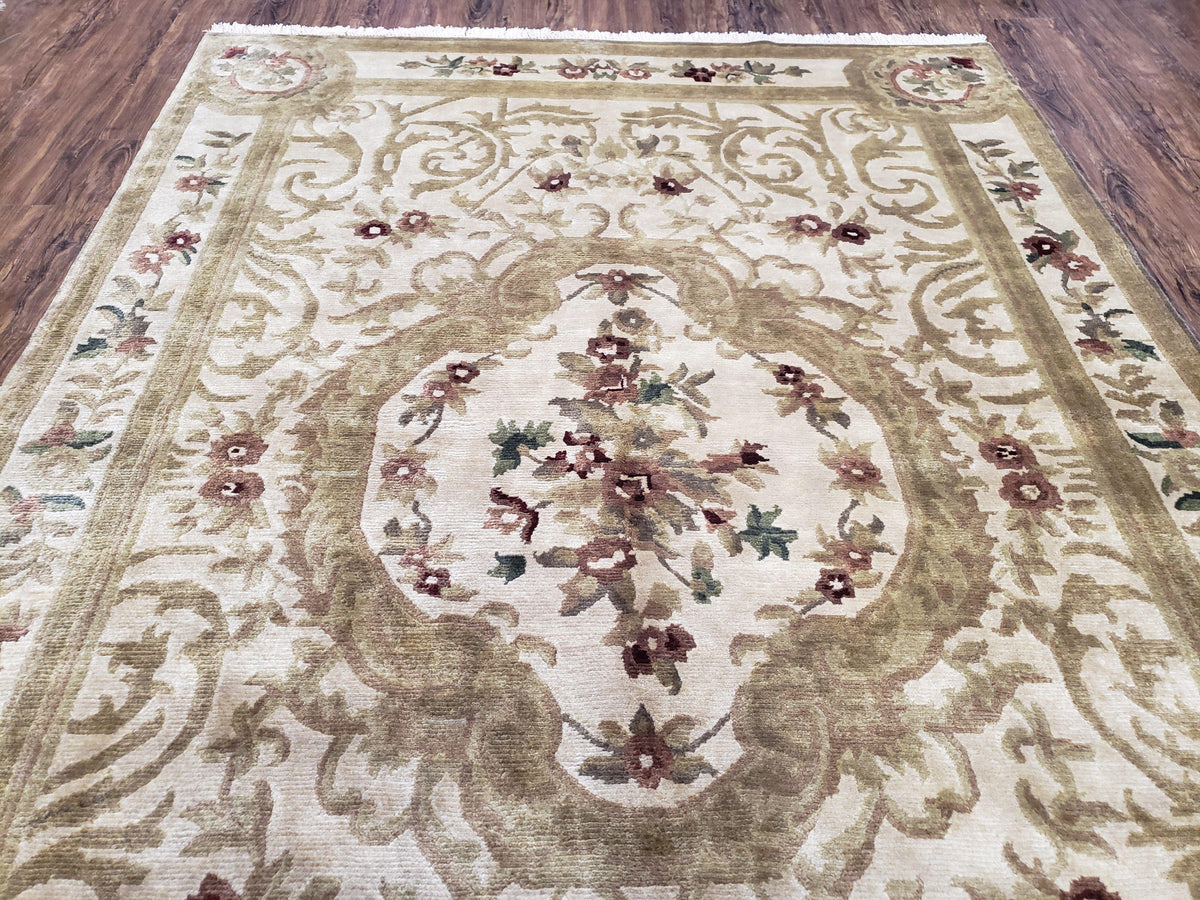 Vintage Nepali Tibetan Aubusson Rug 6x9, Wool Hand-Knotted Cream Beige Carpet, Leaves & Floral Pattern 6 x 9 Soft Area Rug Home Office Rug - Jewel Rugs, view 13