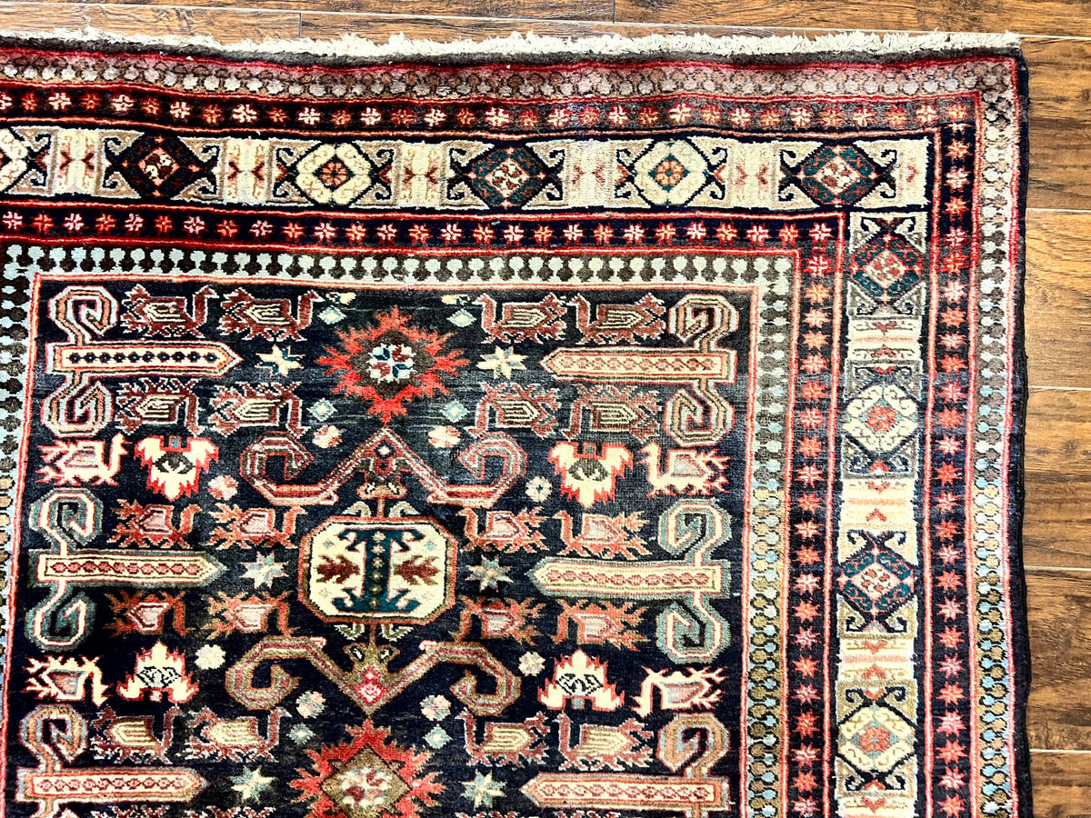 Persian Wide Runner Rug 4.8 x 10, Persian Kalegi Ardabil Rug, Perpedil Caucasian Rug, Antique Handmade Wool Carpet, Navy Blue Red, Tribal Rug - Jewel Rugs, view 7