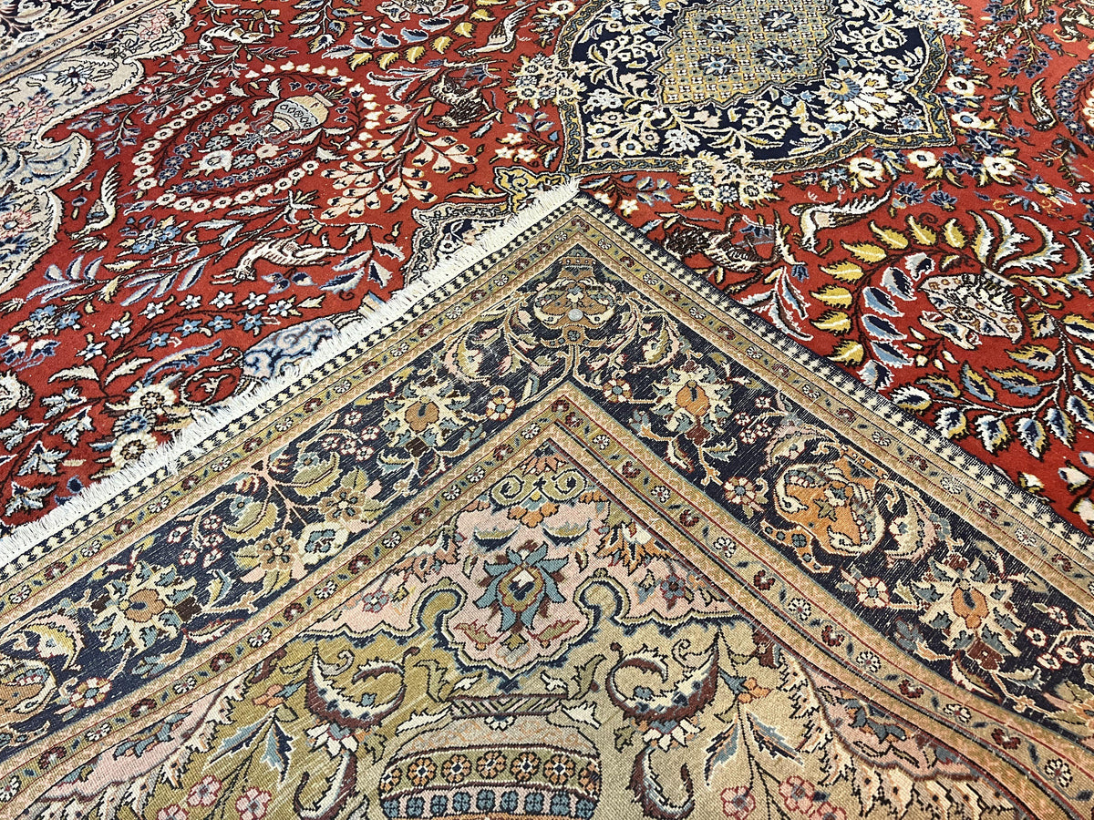 Wonderful Persian Qum Rug 10x14, Wool w/ Silk Highlights, Hand Knotted Semi Antique Vintage Carpet, Red, Floral, Fine Weave, Birds Deer Pictorials - Jewel Rugs, view 11