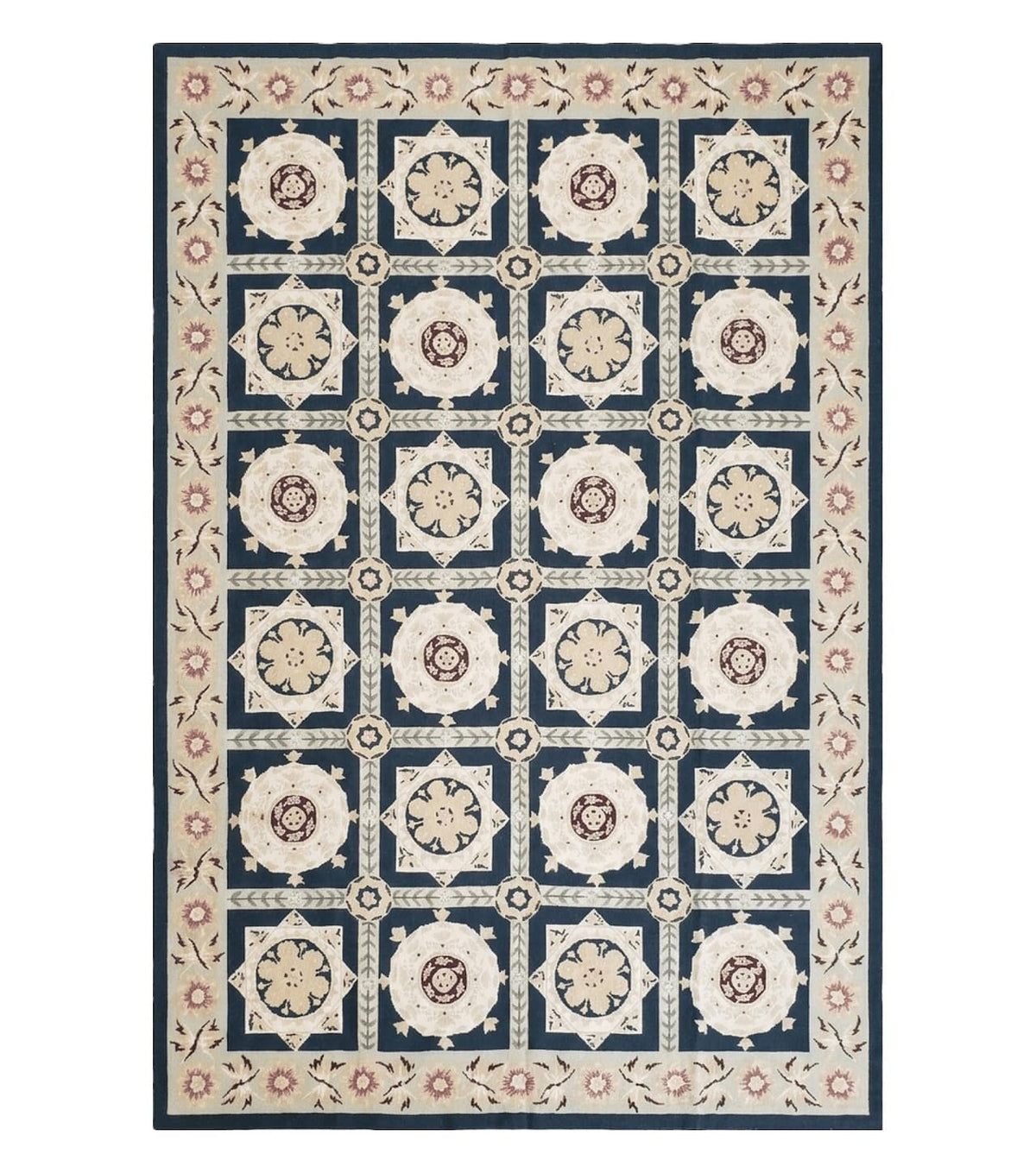 Vintage Chinese Needlepoint Rug 6x9, Panel Design Area Rug Wool Hand-Woven Black & Ivory Carpet Flat Weave Bedroom Rug 6 x 9 Living Room Rug - Jewel Rugs
