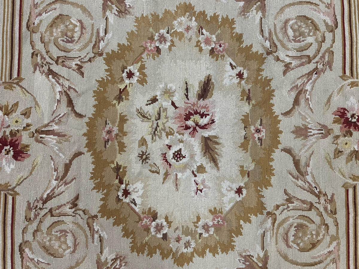 Aubusson Needlepoint Rug 4x5 ft, Beige and Tan, Aubusson Savonnerie Vintage Carpet, Handwoven Handmade Wool Rug, European Design Floral Rose - Jewel Rugs, view 13