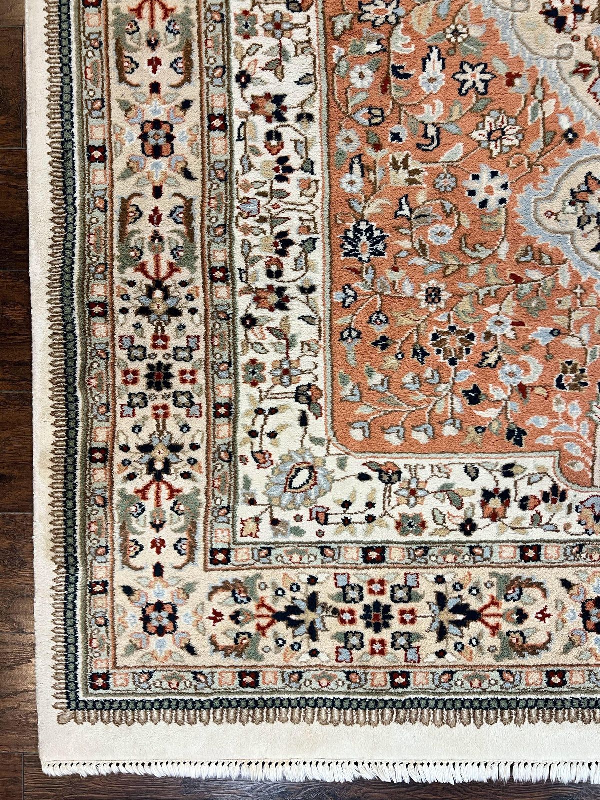 Indo Persian Rug 6x9, Wool Hand Knotted Vintage Carpet, Salmon & Ivory, Traditional Oriental Rug 6 x 9 - Jewel Rugs, view 9