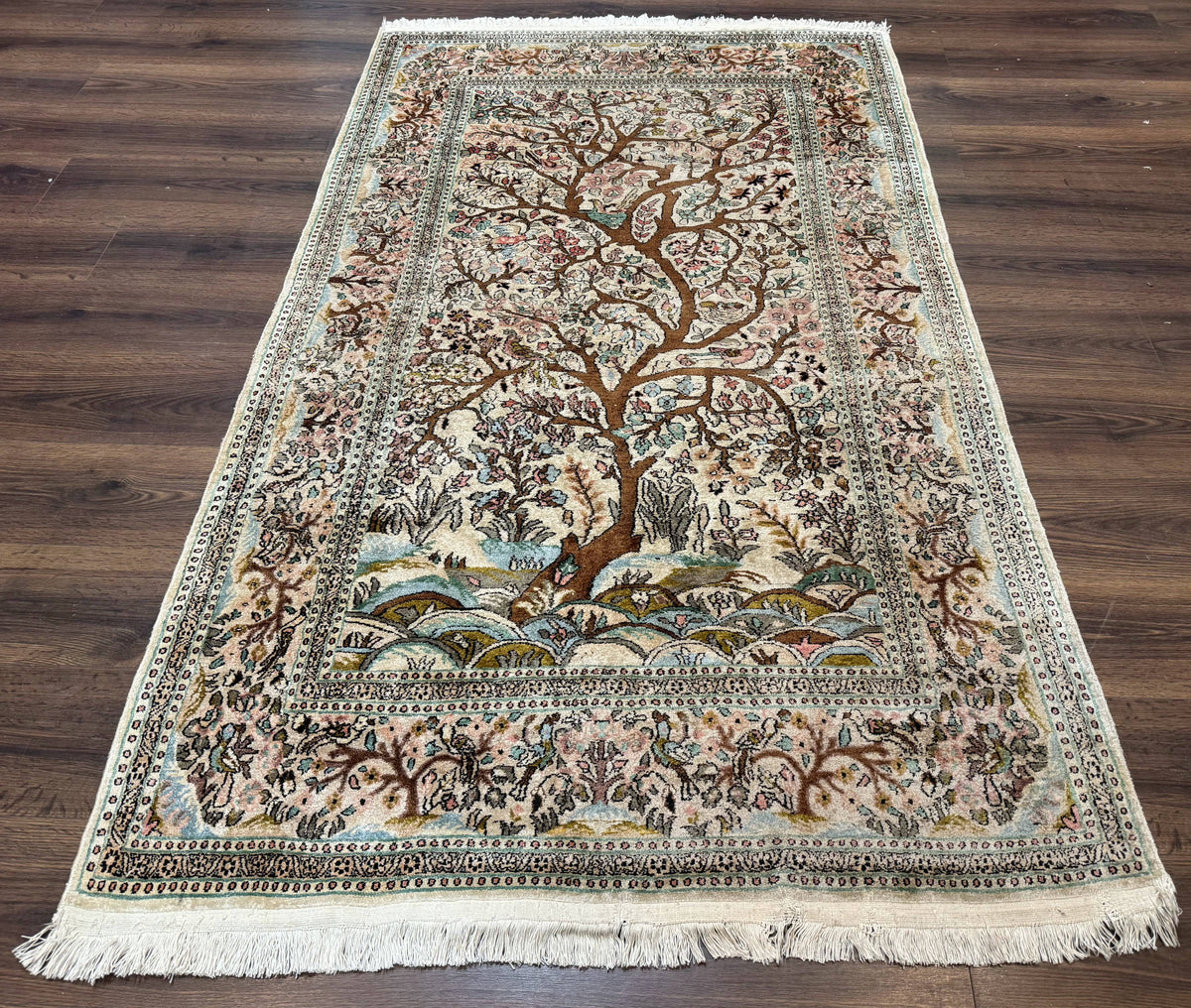 Indian Kashmiri Silk Rug 4x7, Tree of Life Design, Very Fine 380 KPSI, Birds - Jewel Rugs, view 2