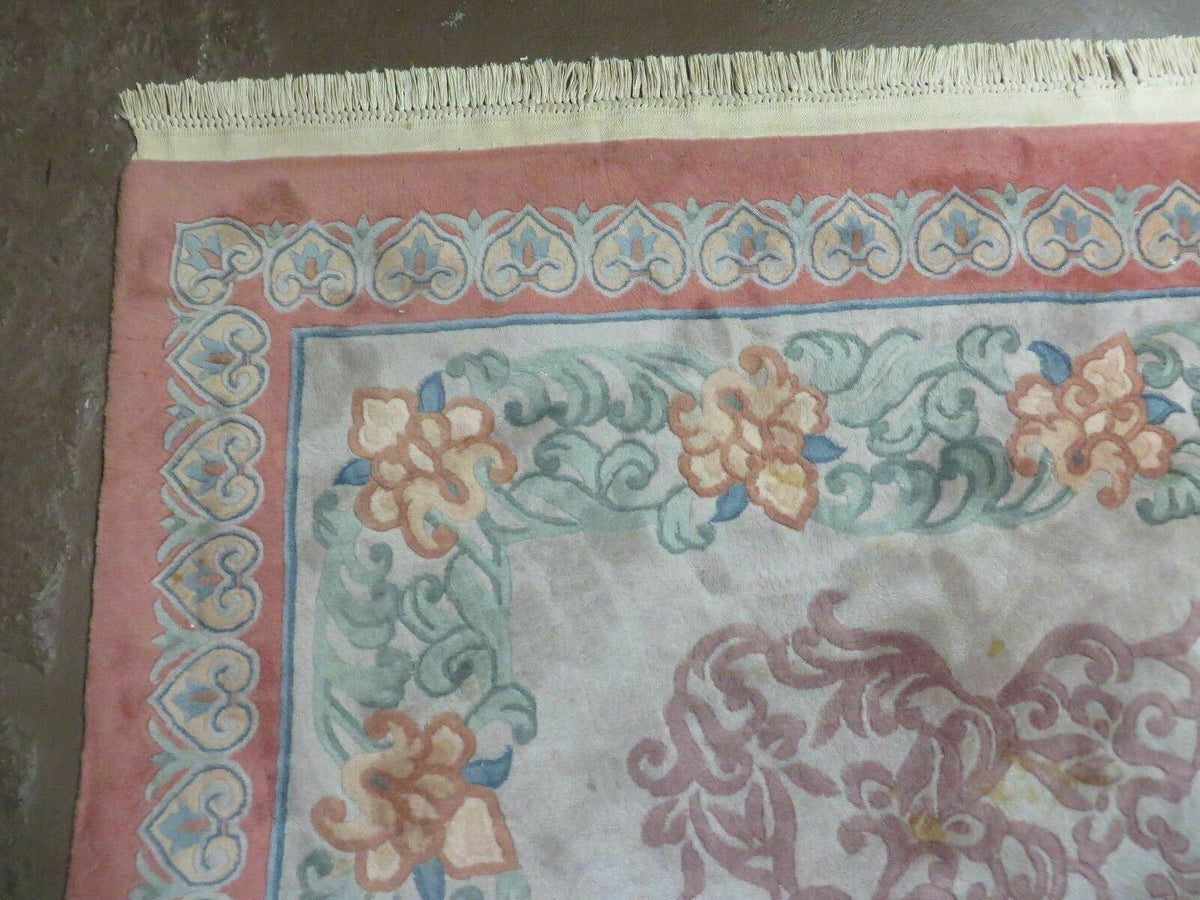 9' X 12' Vintage Handmade Chinese Carving Sculpture Wool Rug Flower Design Pink Carpet - Jewel Rugs, view 7