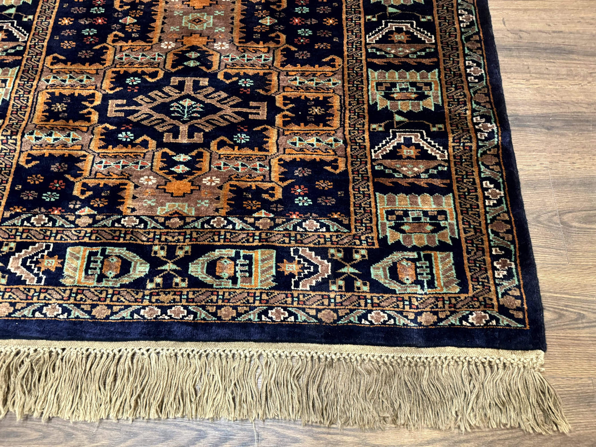 Vintage Afghan Rug 4x6, Navy Blue and Light Brown, Geometric Medallions, Wool on Wool, Tribal Rug - Jewel Rugs, view 10