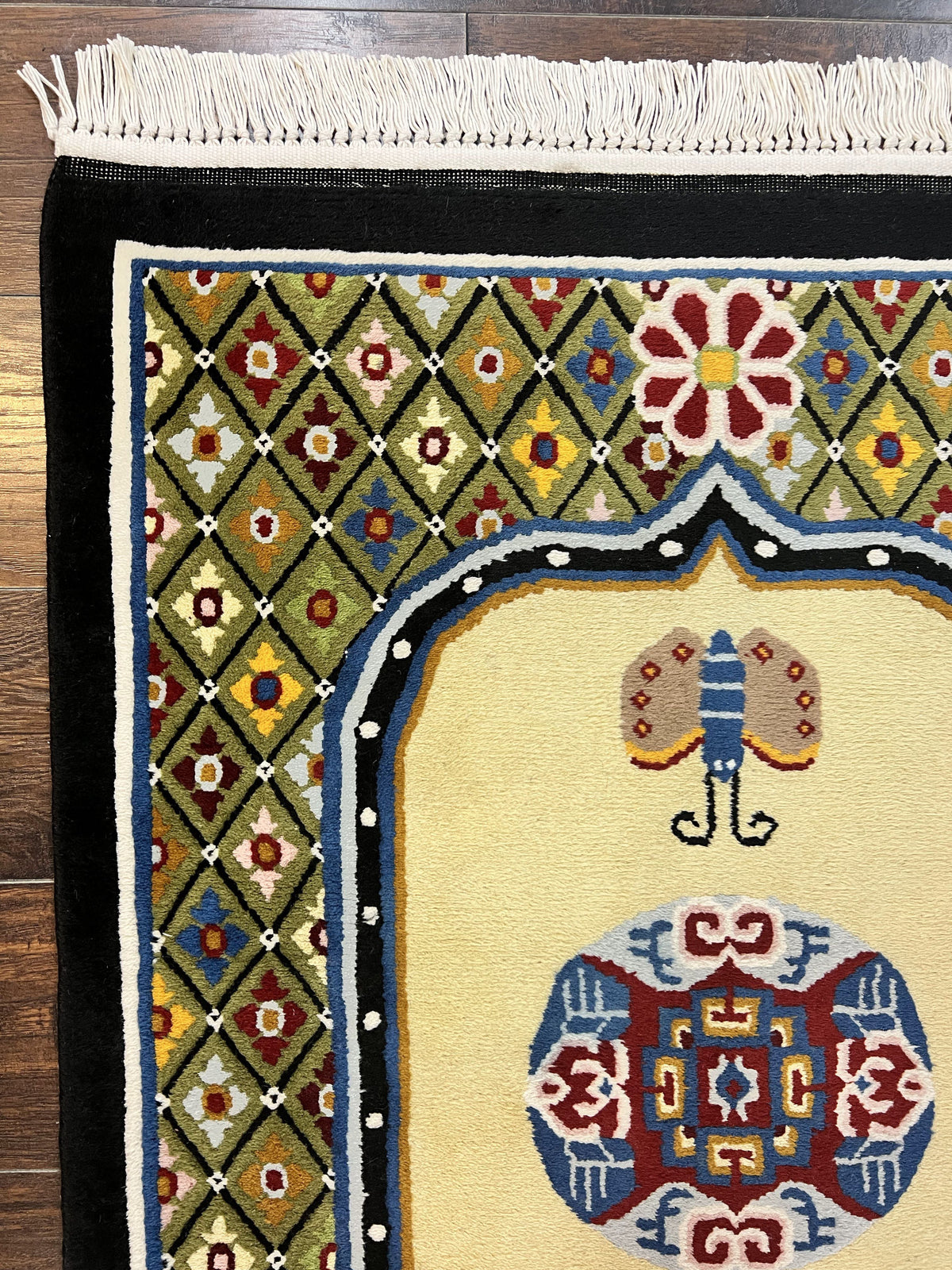 Chinese Rug 3x6 ft, Chinese Wool Rug, Tiensin Rug, Handmade Wool 3 x 6 Vintage Peking Rug, Art Deco Rug, Butterflies - Jewel Rugs, view 6