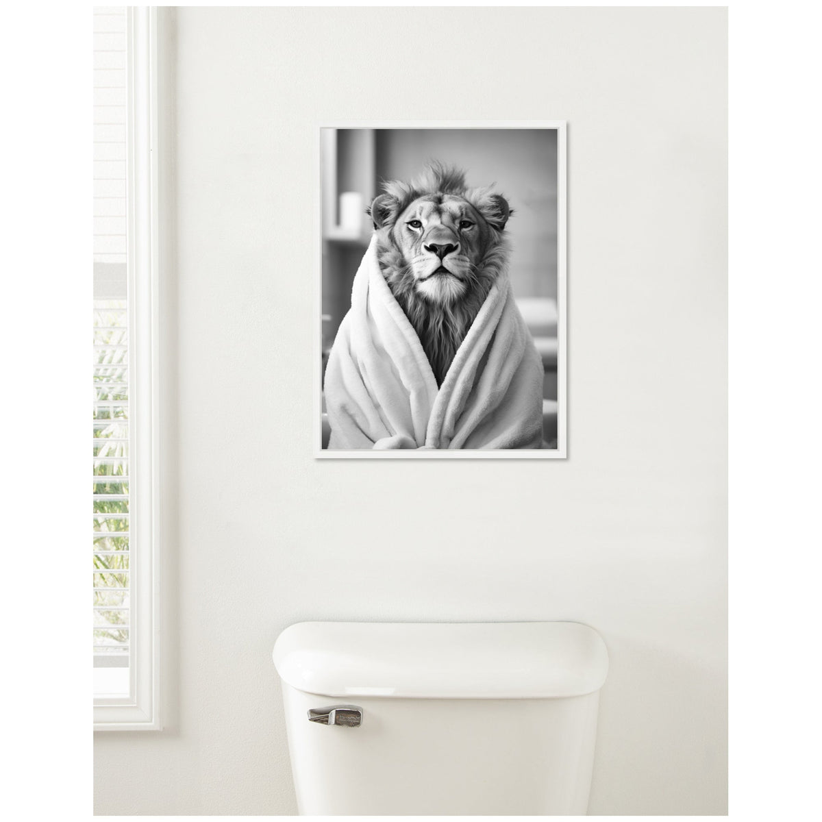 Sylvie Lion Bathroom Art Towel Robe Black and White Framed Canvas by The Creative Bunch Studio