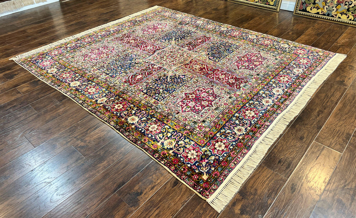 Persian Kirman Lavar Rug 8x9, Antique Persian Carpet, Colorful Multicolor 1920s Handmade Wool Rug, Garden Panel Design, Fine 200 KPSI - Jewel Rugs, view 11