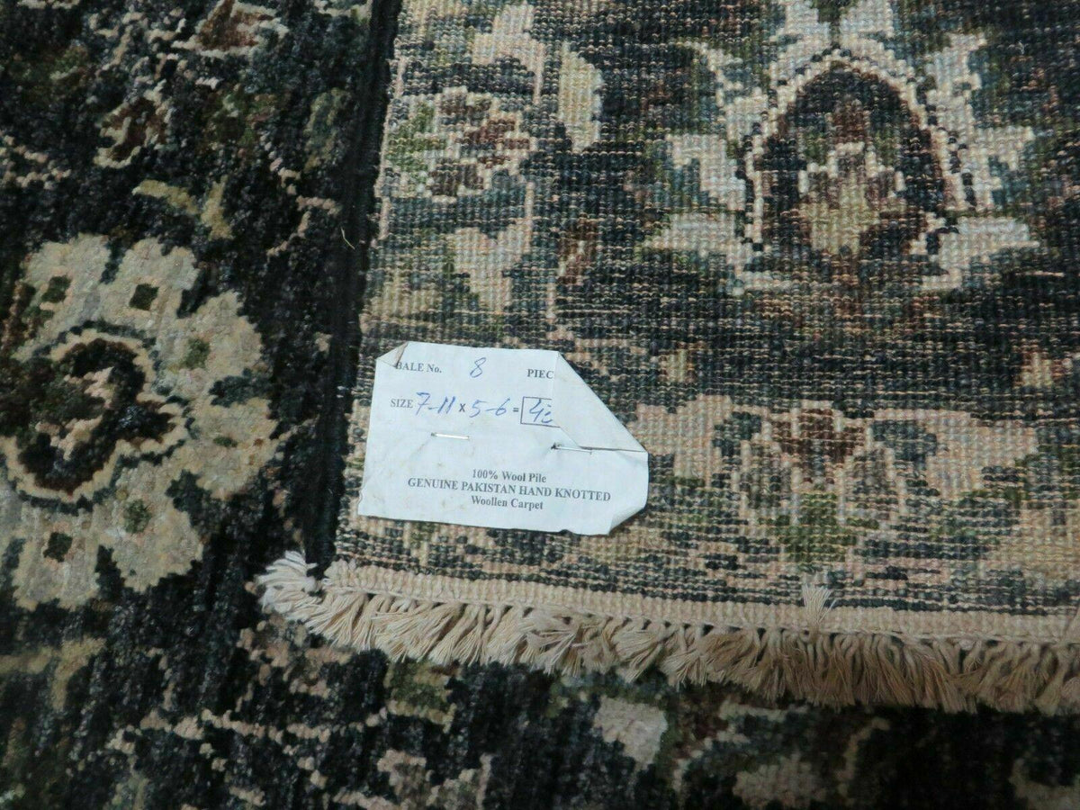5' 6" X 8' Vintage Handmade Pakistani Floral Oriental Wool Rug Black Dark Grey - Jewel Rugs, view 10