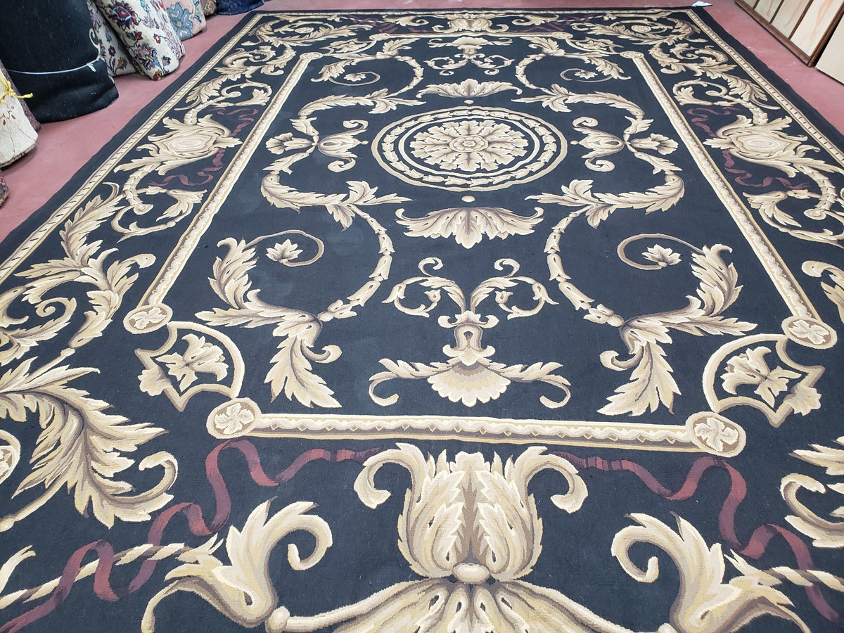 Black and Tan Aubusson Rug, 10 x 14 Aubusson Carpet, New Aubusson Rug, Elegant, Wool, Handmade Area Rug, Flatweave Rug, Large Aubusson Rug - Jewel Rugs, view 2