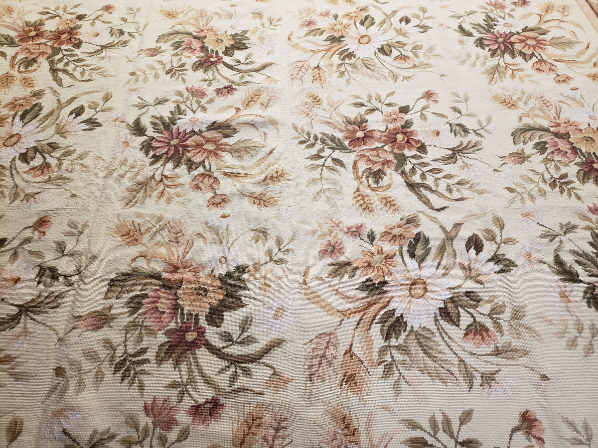 Needlepoint Rug 8x10 Aubusson Rug Victorian Floral Rug Handmade French Style French Decor Garden Panel Beige 8 x 10 Area Rug 100% Wool - Jewel Rugs, view 5