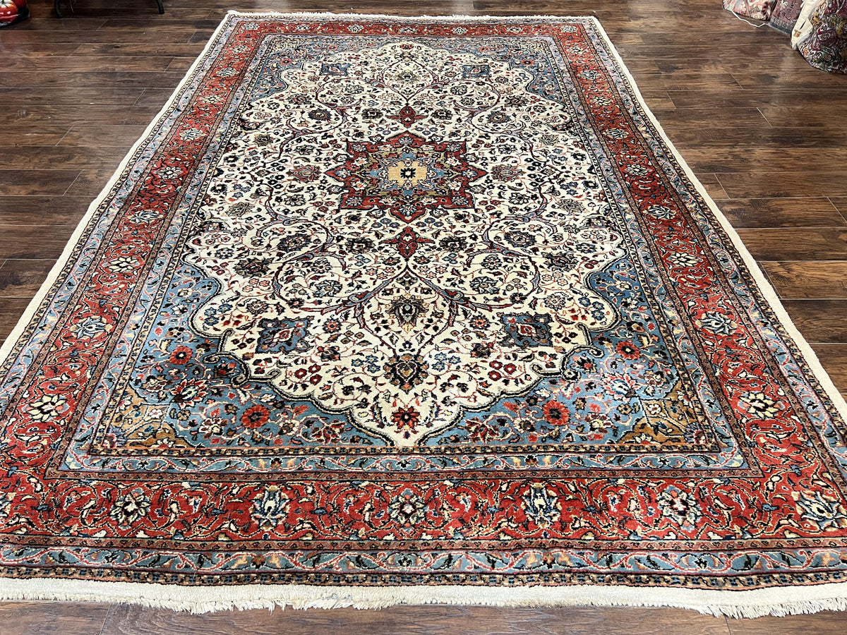 Persian Sarouk Rug 8x12, Wool Hand Knotted Antique Carpet, Floral Medallion, Cream Red, Traditional Oriental Rug - Jewel Rugs