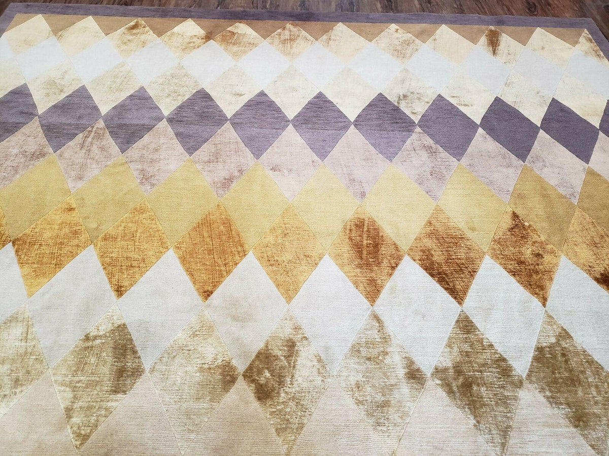Modern Tibetan Rug 8.6 x 11, Wool and Silk, Multicolor, Diamond Panel Design - Jewel Rugs, view 4