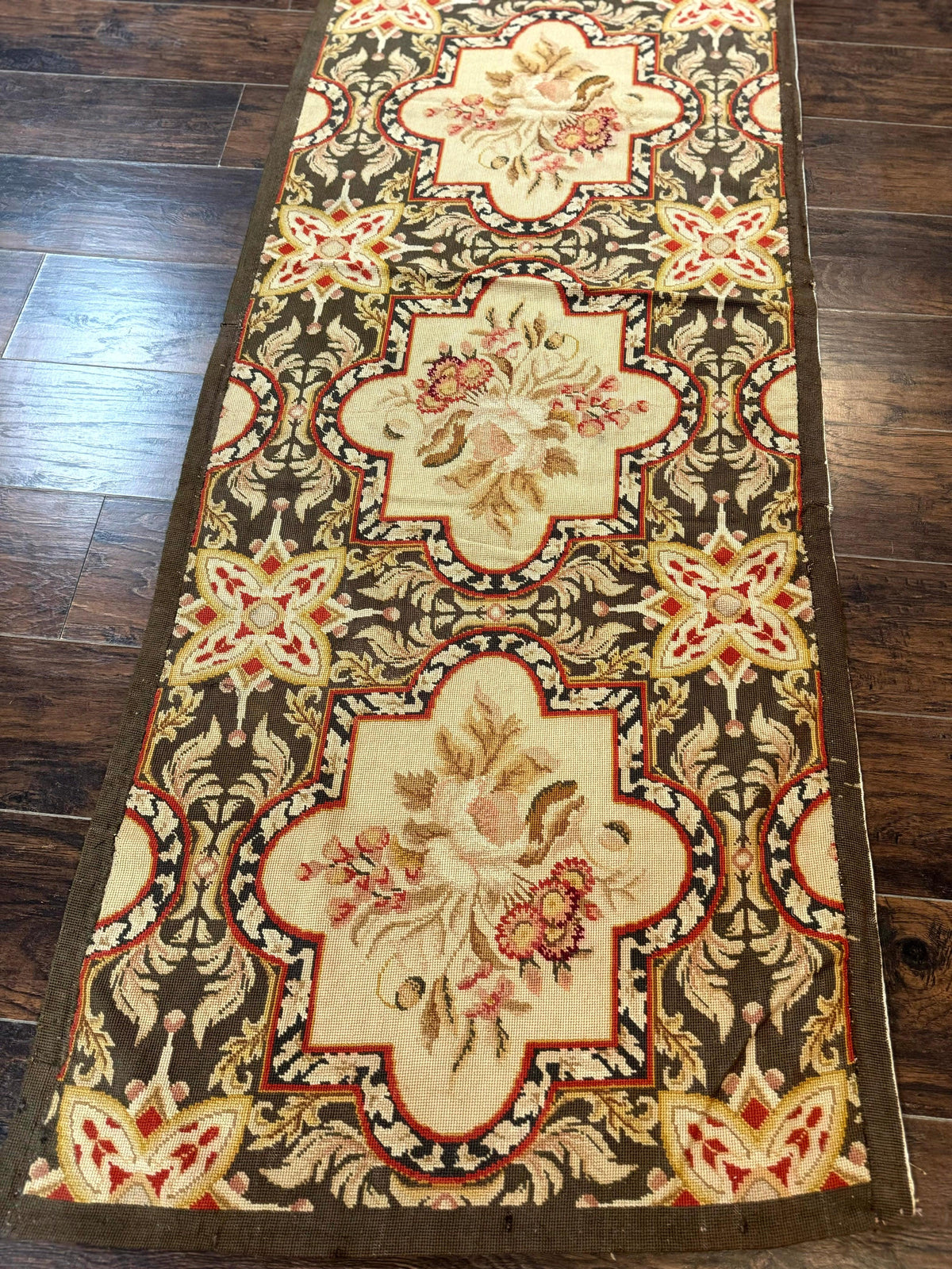 Needlepoint Runner Rug 2.7 x 9.7, European French Design, Wool, Handmade, Vintage - Jewel Rugs, view 9