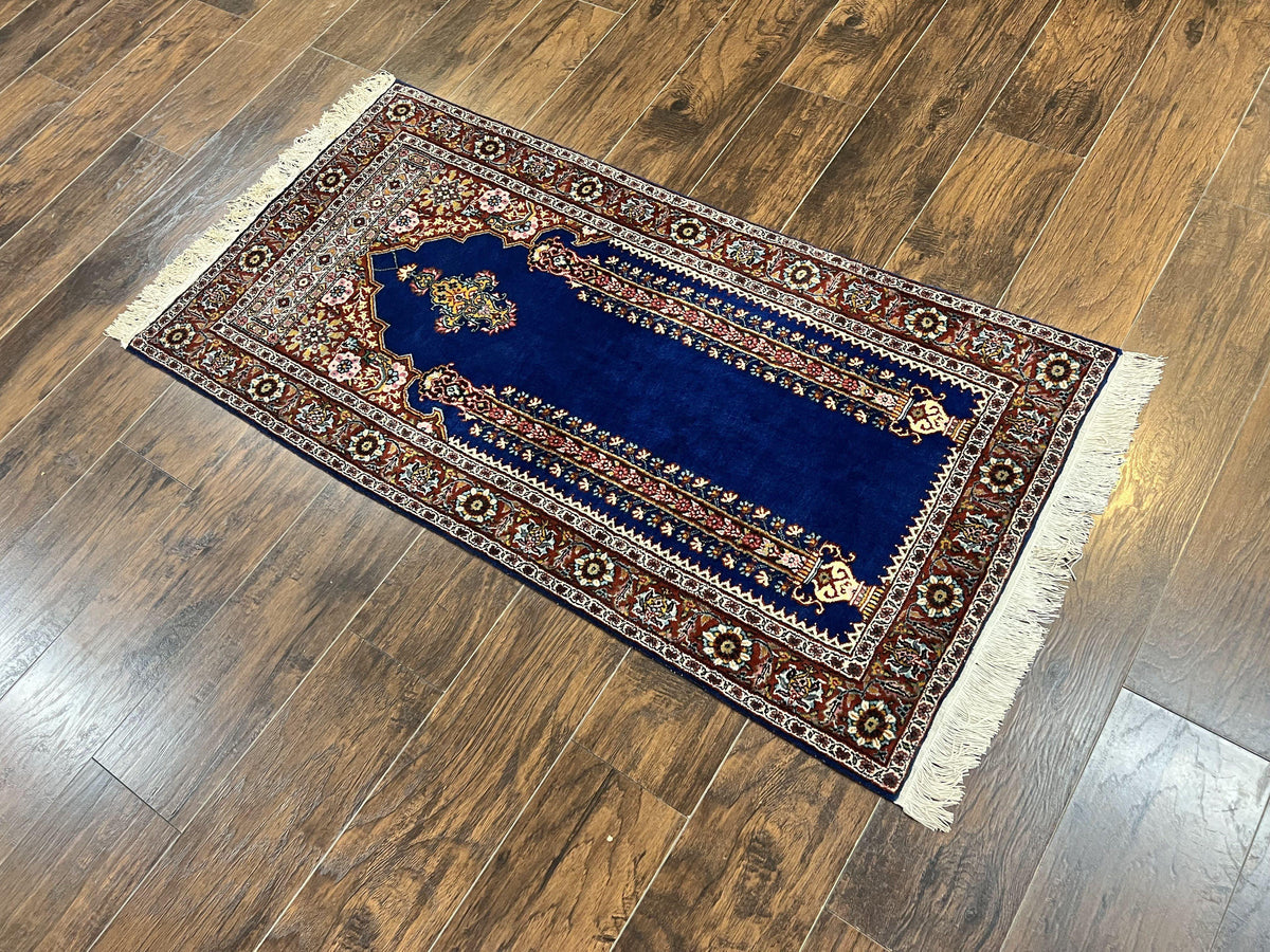 Indo Persian Prayer Rug 3x5, Fine Oriental Carpet, Dark Blue and Red, Vintage Hand Knotted Handmade Prayer Rug - Jewel Rugs, view 12
