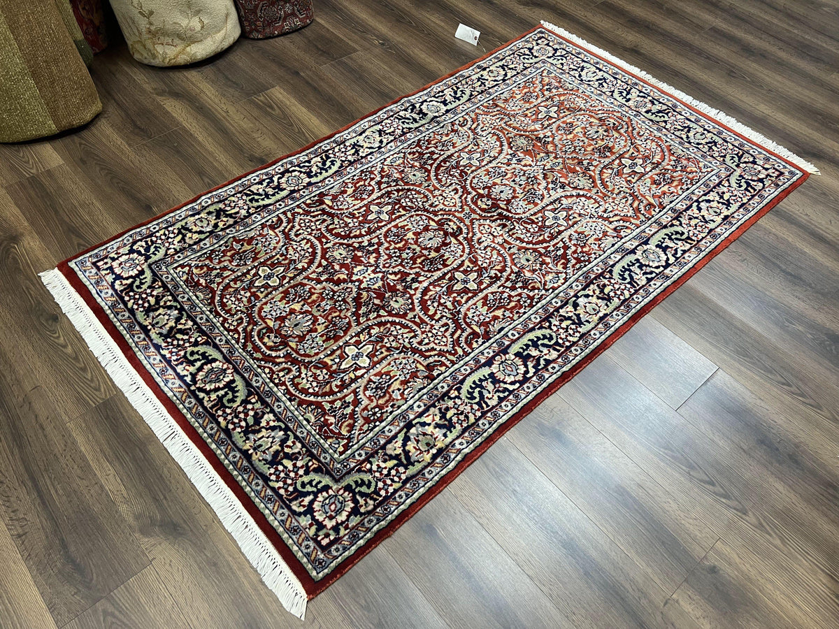 Indo Persian Rug 4x7, Allover Floral Oriental Carpet, Red and Navy Blue, Hand Knotted Indian Kashmiri Traditional Vintage Area Rug 4 x 7 ft - Jewel Rugs, view 3