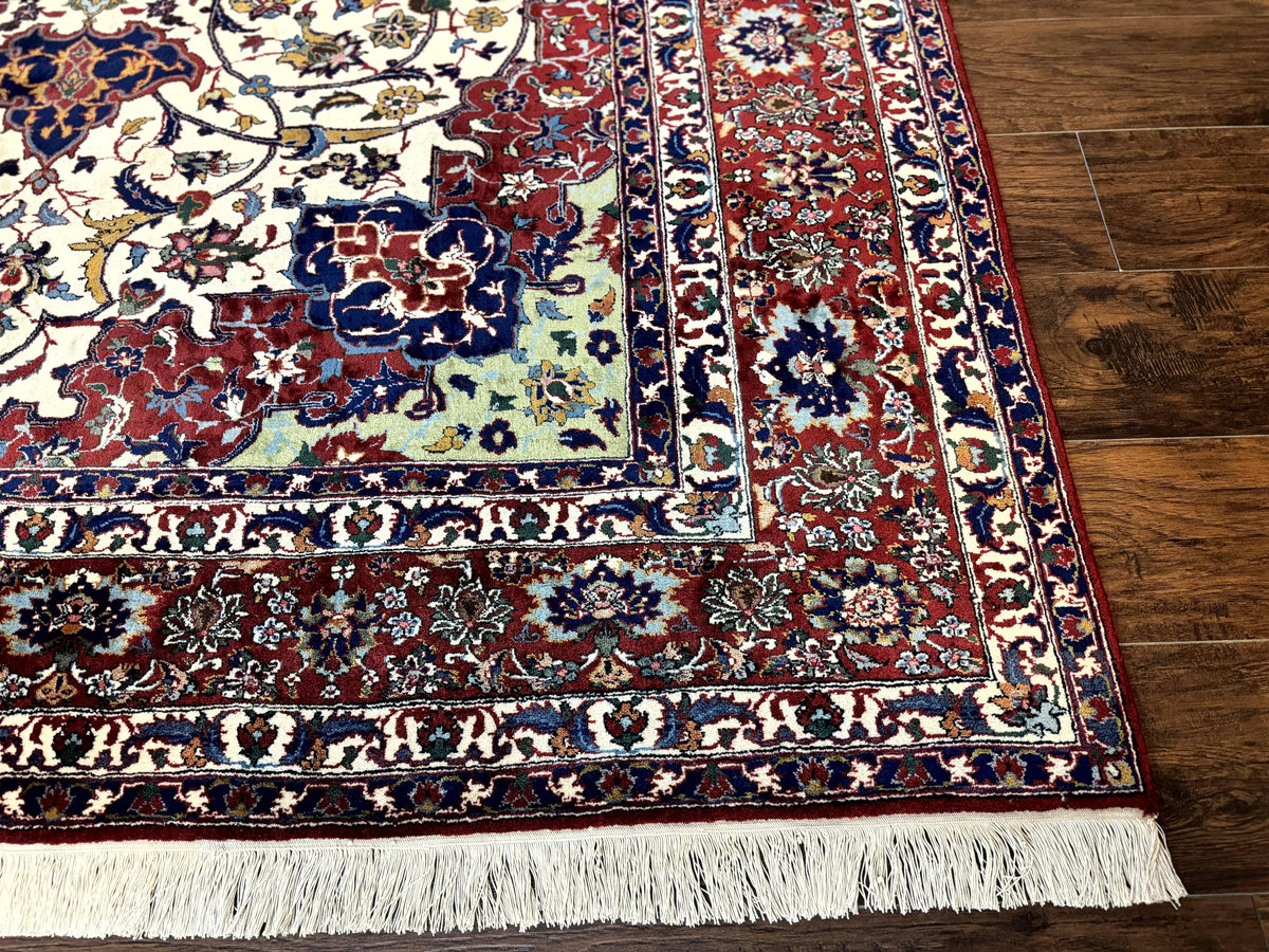 Wonderful Persian Isfahan Rug 7x9, Ivory Navy Blue Red, Floral Medallion, Very Finely Hand Knotted 260 KPSI, Handmade Wool Vintage Rug - Jewel Rugs, view 10