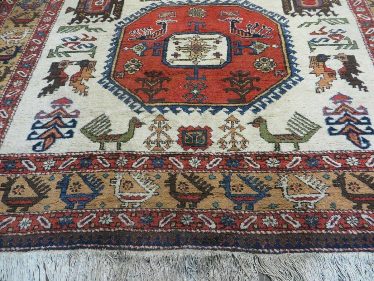 7' X 10' Vintage Handmade Knotted Turkish Wool Rug Birds Animal Ivory Organic - Jewel Rugs, view 6