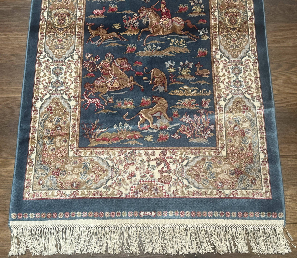 Turkish Silk Hunting Scene Rug 2.6 x 5, Dark Steel Blue & Ivory, Bamboo Silk, New - Jewel Rugs, view 6