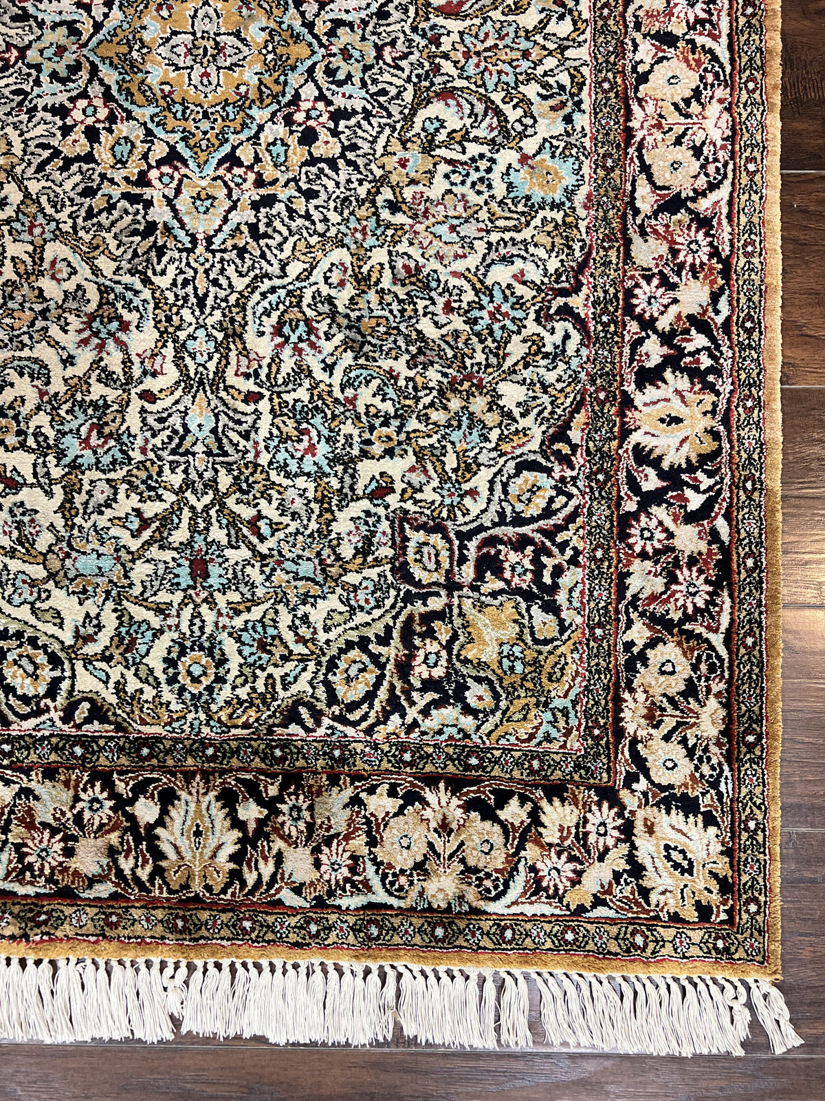 Silk Persian Qum Rug 4x5, Hand Knotted Vintage Carpet, Cream & Navy Blue, Silk Pile on Silk Foundation, Very Fine 360 KPSI - Jewel Rugs, view 9