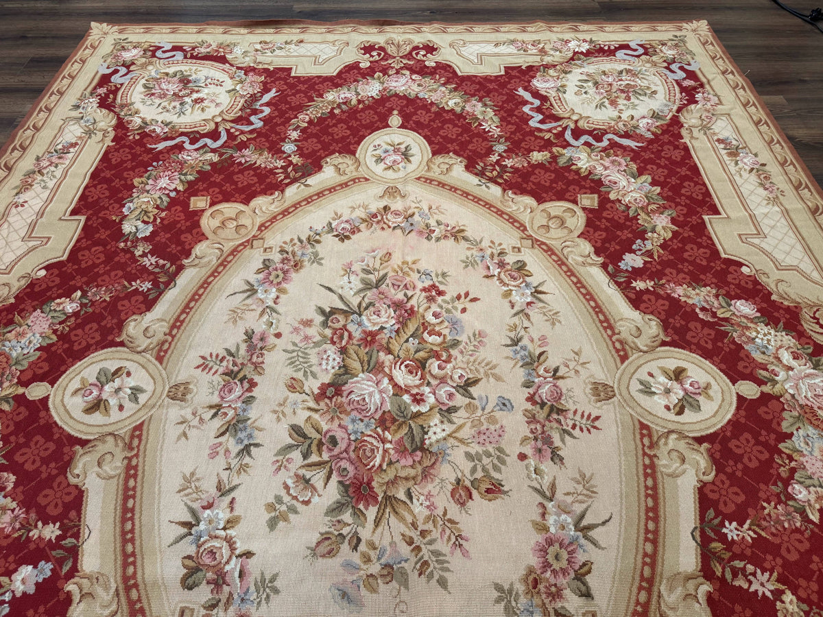 Aubusson Rug 8x11, Needlepoint Carpet, Red Ivory Beige, Vintage, French European Design - Jewel Rugs, view 7