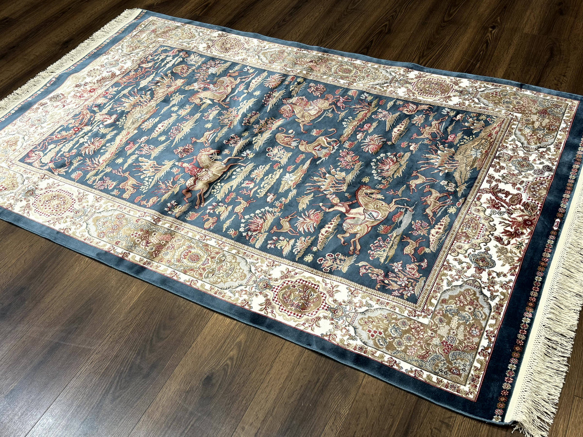 Turkish Silk Hunting Design Rug 4x6, Dark Steel Blue & Ivory, Bamboo Silk, New - Jewel Rugs, view 12