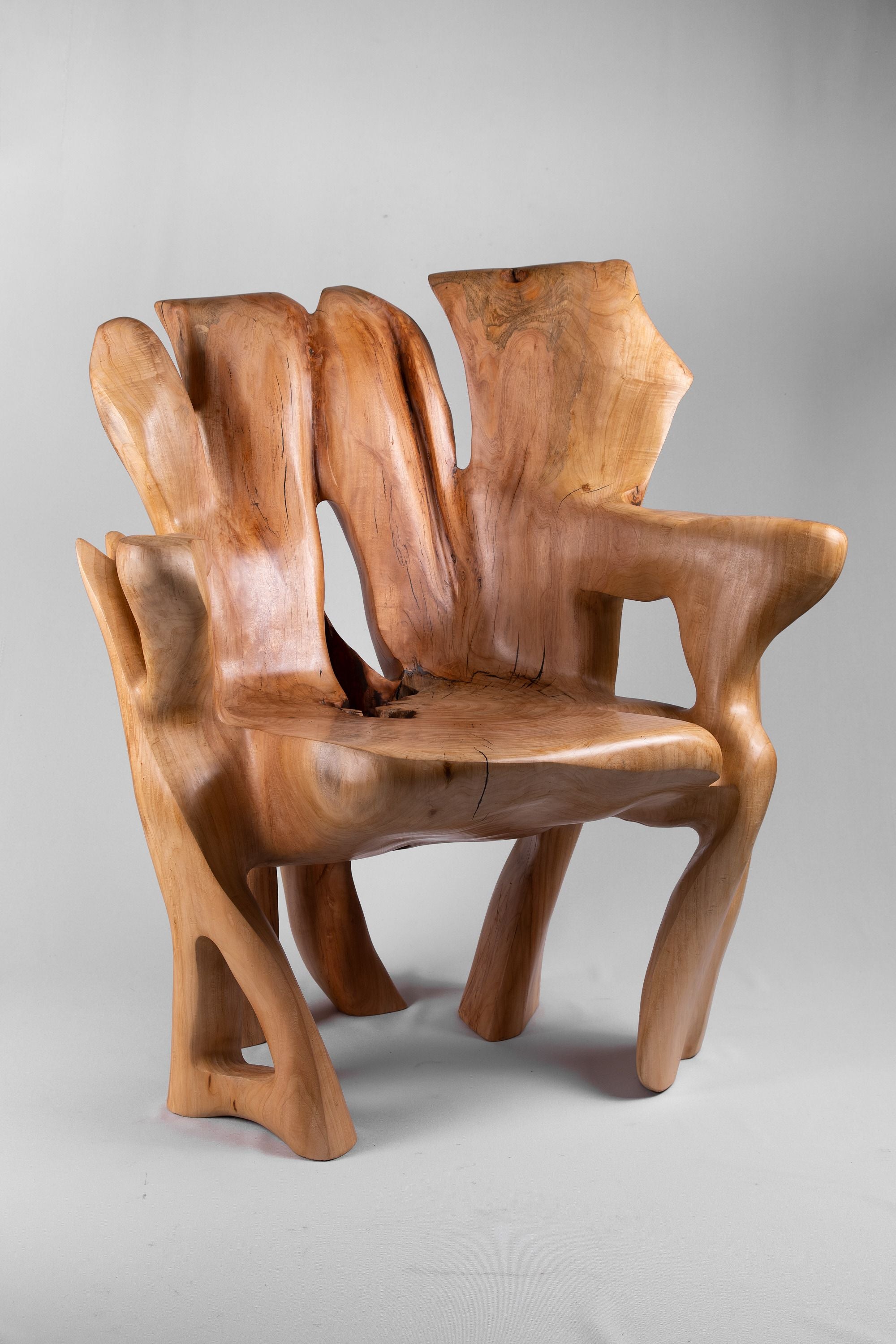 Veles, Chainsaw-Carved Sculptural Chair Flowing Form in Solid Wood