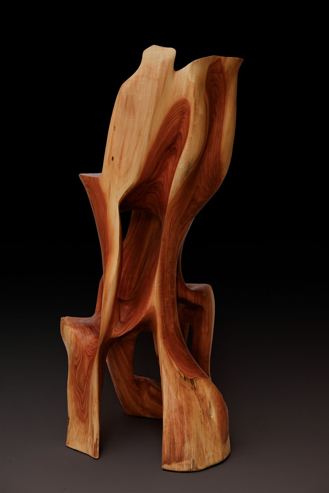 Makha, Flowing High-Back Bar Chair Carved Sculpture in Natural Hardwood