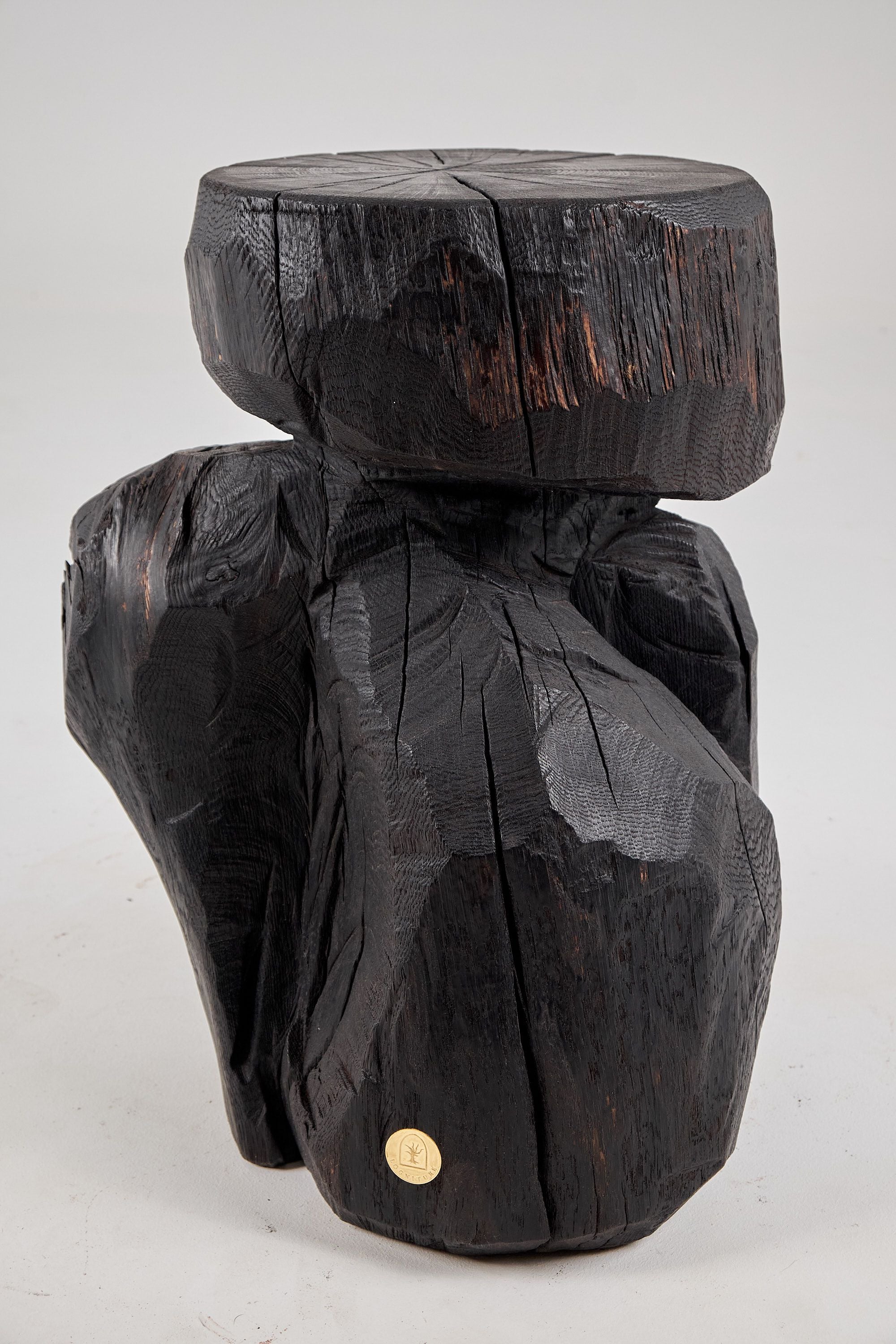 Jownik, Charred Monolith Side Table Primal Form, Sculpted From Solid Wood