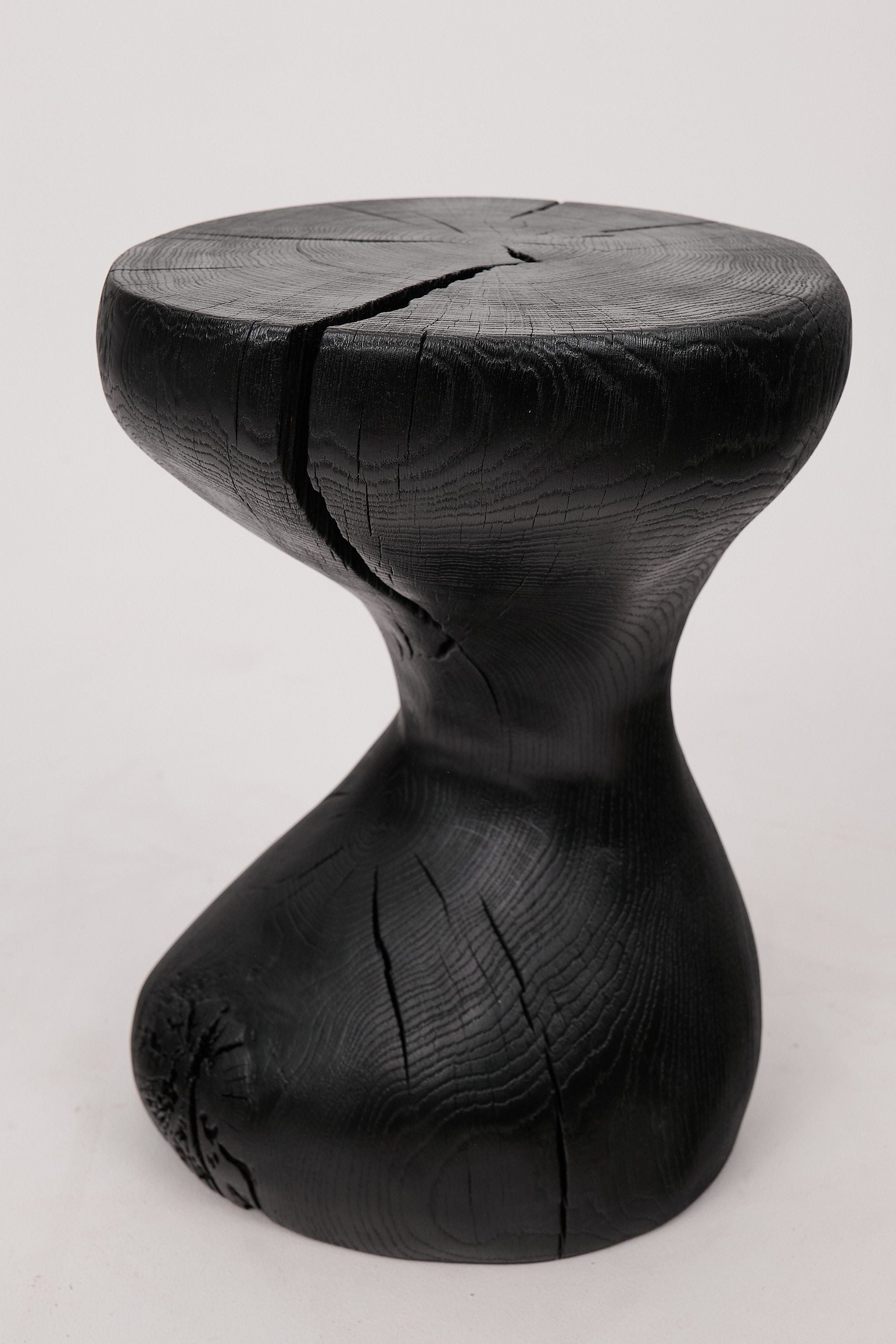 Jownik, Charred Sculptural Stool/Side Table Fluid Form with Natural Texture