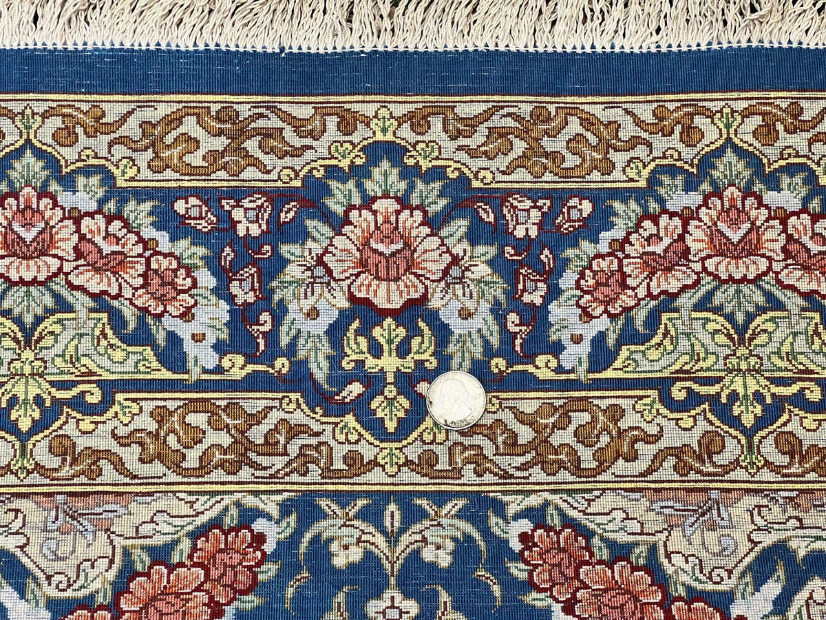 Magnificent Persian Qum Silk Rug 3x5, Blue, Super Fine 675 KPSI - 70 Raj, Floral Roses, Handmade Vintage Silk Carpet, Masterpiece - Jewel Rugs, view 10