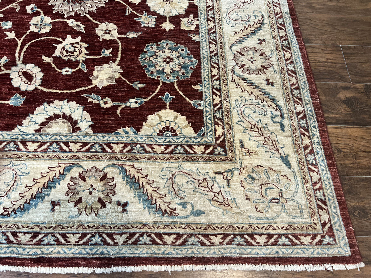 Peshawar Rug 9x11, Pakistani Oriental Carpet, Maroon and Beige, Floral Allover, Wool Hand Knotted Handmade Vintage Rug - Jewel Rugs, view 9