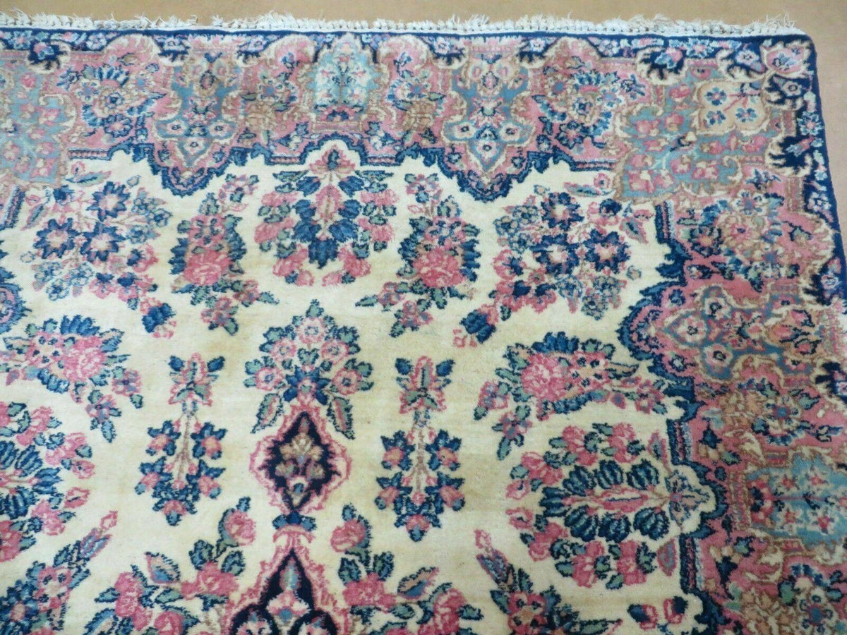 Antique Persian Kirman Rug 3.9 x 6.6, Floral Oriental Carpet, Ivory/Cream - Blue - Pink, Hand Knotted Wool Rug, Floral Medallion Rug 4x6 - Jewel Rugs, view 8