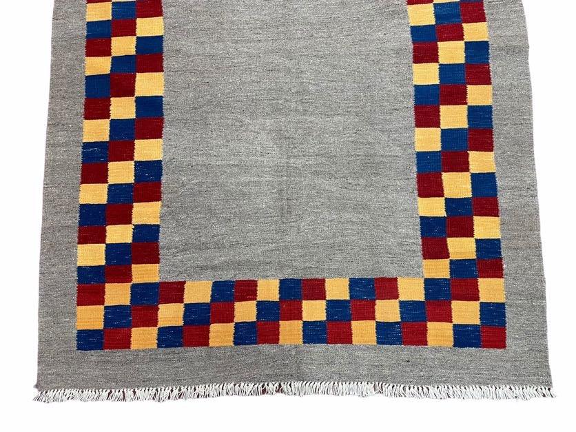Gray Kilim Carpet, Yellow, Red, Blue Checkerboard Pattern, Flatweave, New, Geometric, Hand-Knotted, Wool, Turkish Area Rug, 5' 9" x 7' 9" - Jewel Rugs, view 6