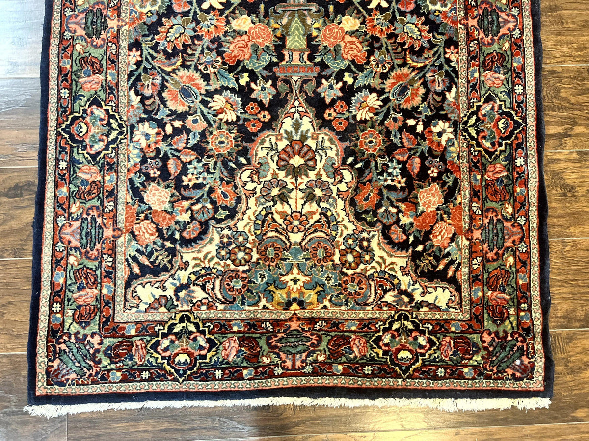 Persian Saoruk Rug 4x5, Navy Blue and Red, Floral, Antique Persian Wool Carpet, Handmade - Jewel Rugs, view 6