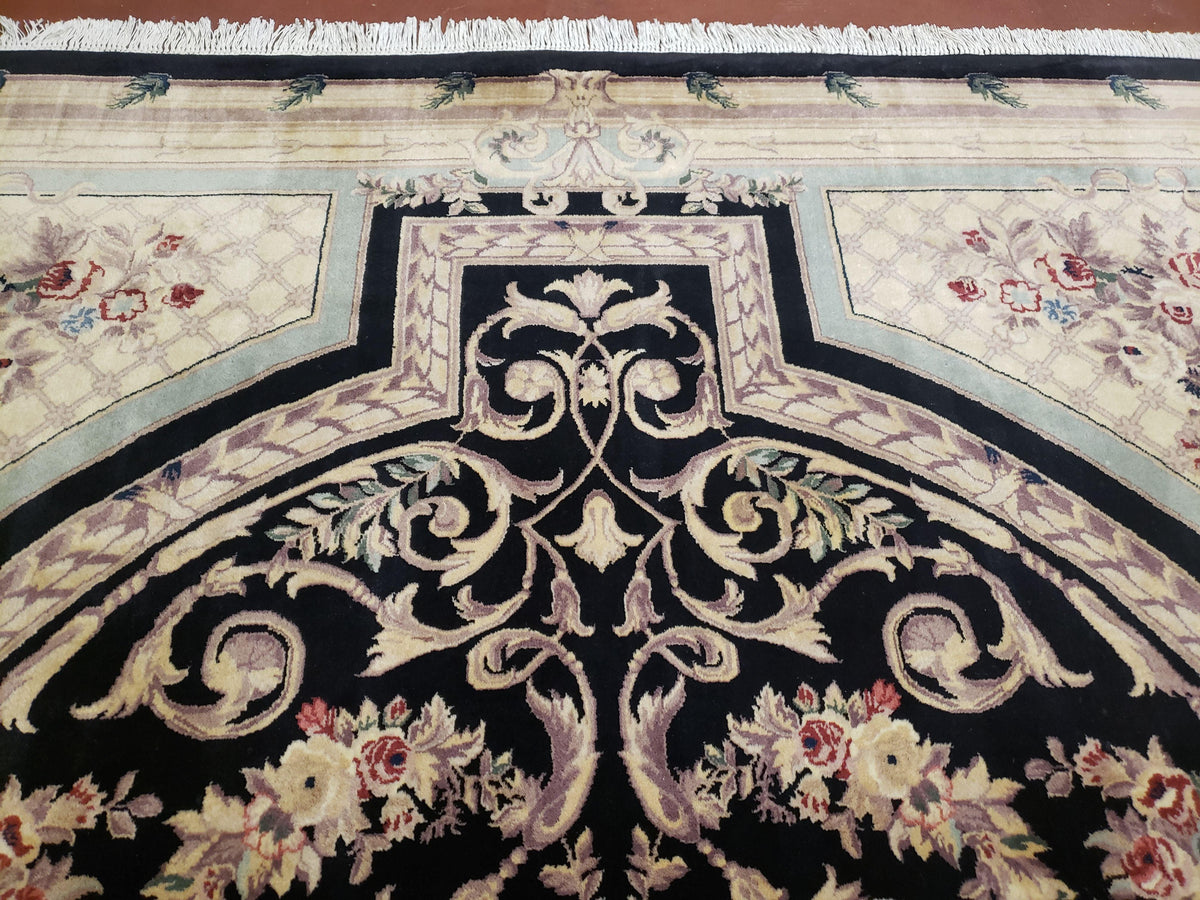 8x10 Aubusson Rug, Fine Hand Knotted Wool Carpet, French European Design, Black & Ivory - Jewel Rugs, view 6