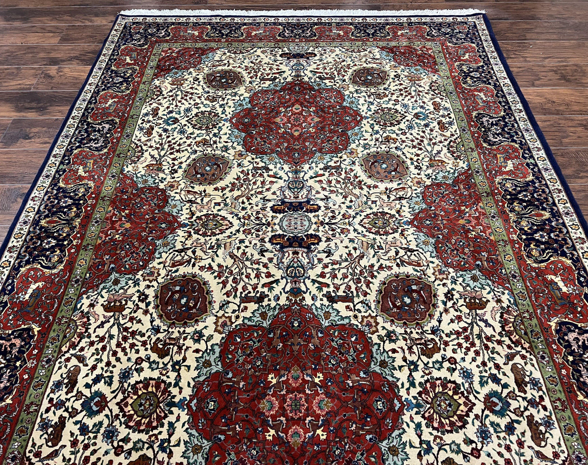 Wonderful Sino Persian Rug 6x10 with Animal Pictorial Motifs, Cream Dark Red Navy Blue, Birds Gazelles, Two Medallions, Top Quality Handmade - Jewel Rugs, view 12