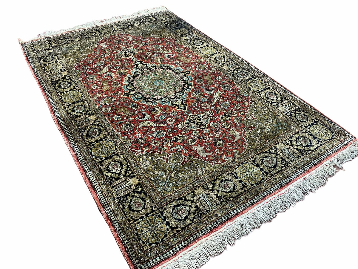 Persian Qum Silk Rug 3.8 x 5.6, Silk on Silk, Animal Pictorials, Fine 330 KPSI - Jewel Rugs, view 2