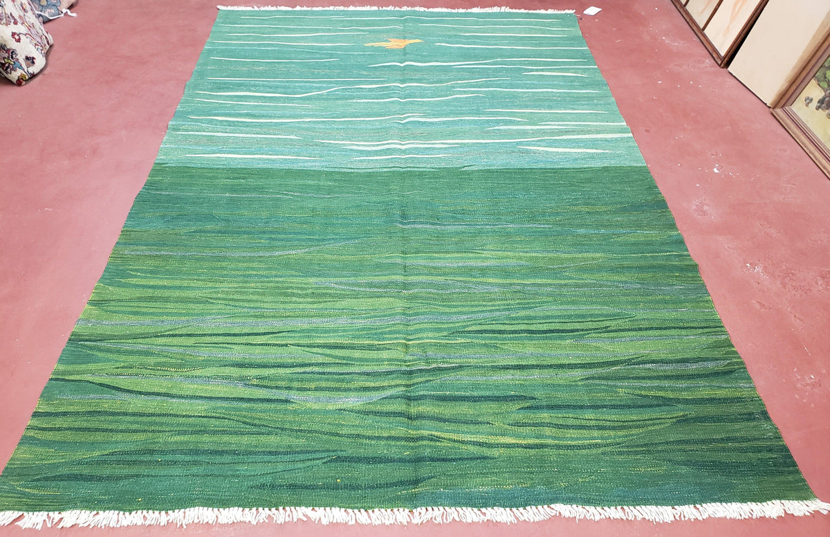 Green Turkish Kilim Rug, 6x9 - 7x10 Rugs, Bird, Handmade New Area Rug, Wool, Bohemian Boho Decor, Hand Woven, Modern Abstract Flat Weave Rug - Jewel Rugs, view 2