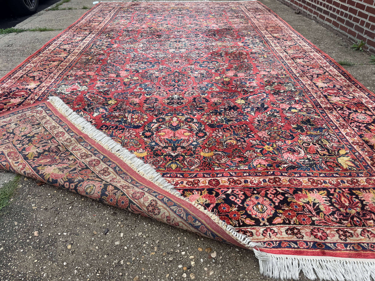 Large Antique Persian Sarouk Rug 11x18, Red, Floral Allover, Palace Size Wool Handmade Carpet - Jewel Rugs, view 11