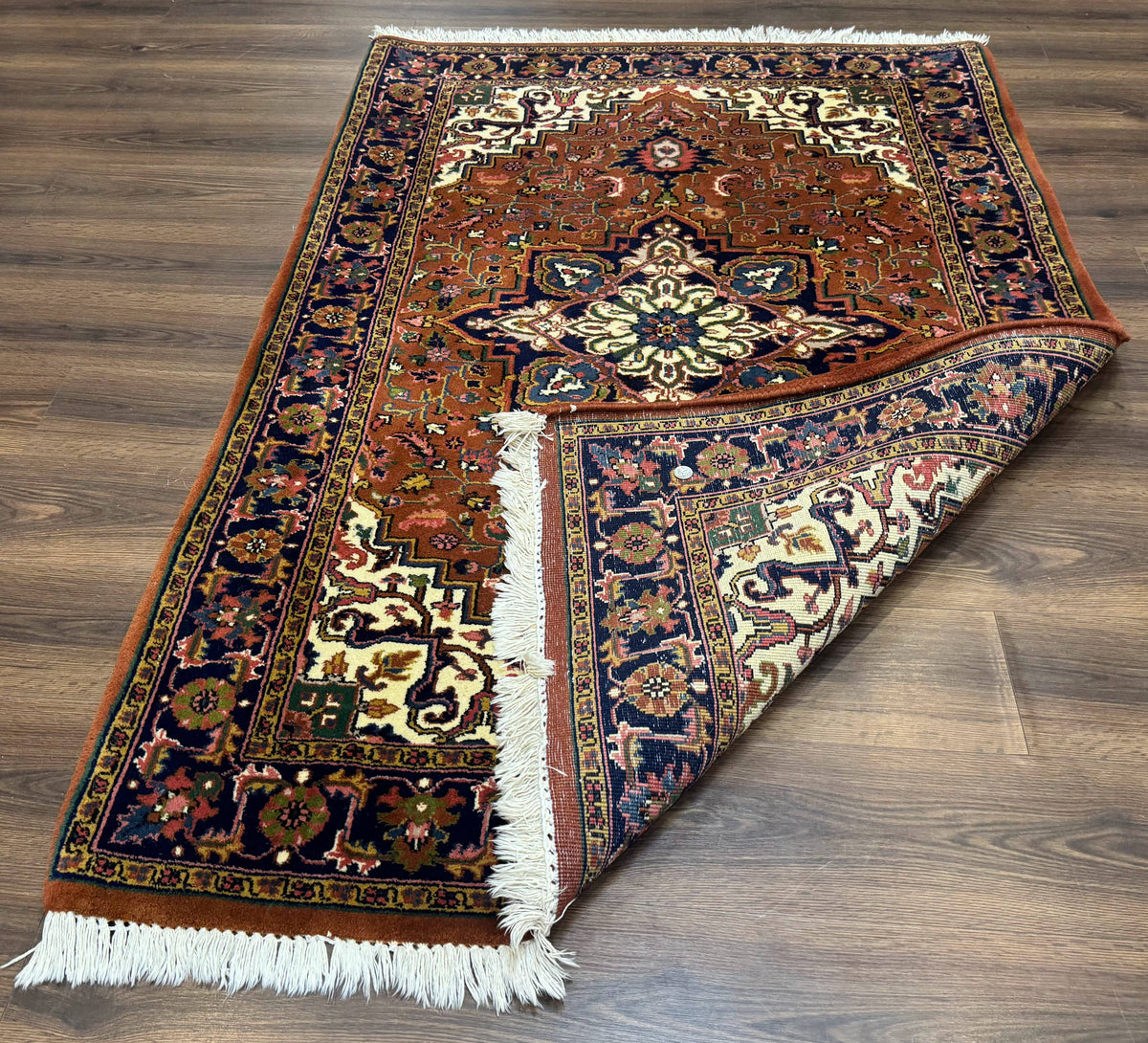Indo Persian Heriz Rug 4x6, Rust Red Navy Blue and Cream - Jewel Rugs, view 12